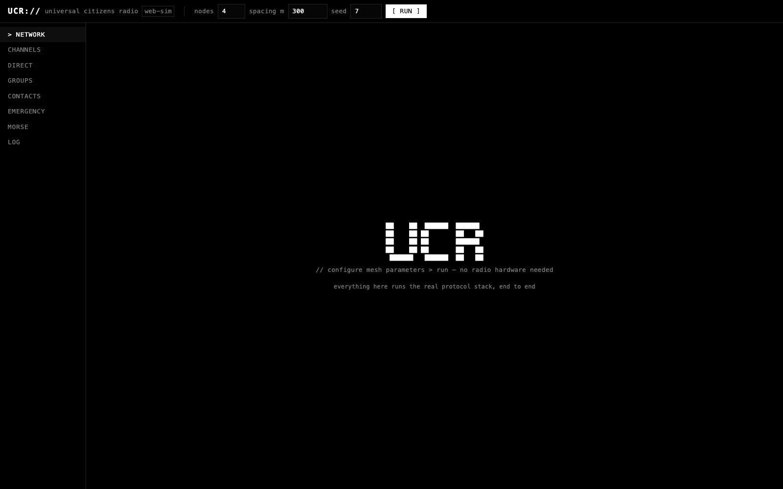 UCR app start screen with logotype and simulation controls