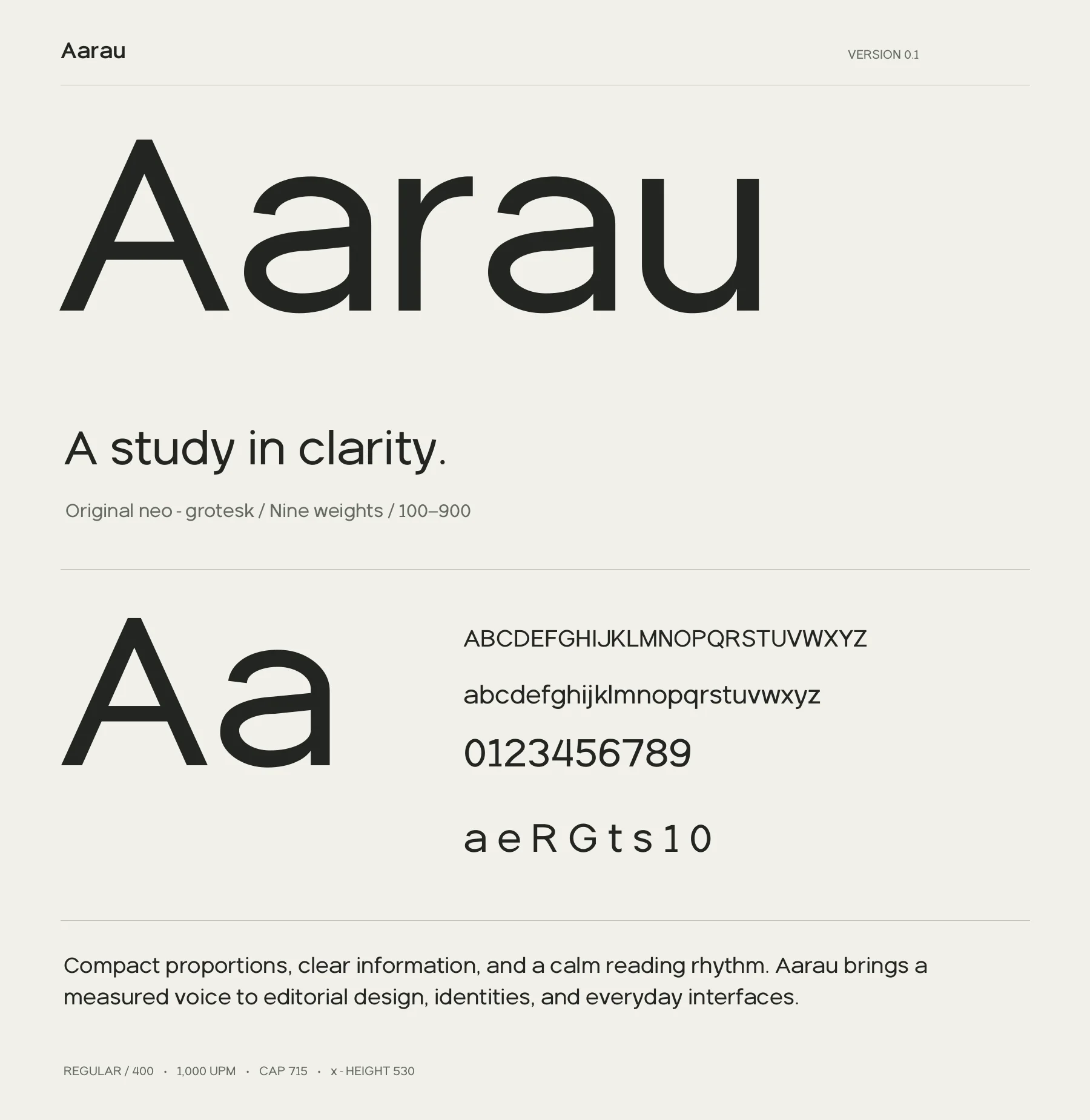 Aarau Regular proof sheet with alphabet, figures and sample glyphs